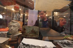 A visitor examines exhibits