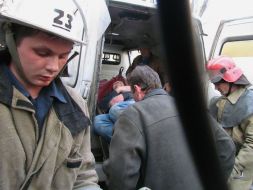 Emergency rescue workers are injured on stretchers