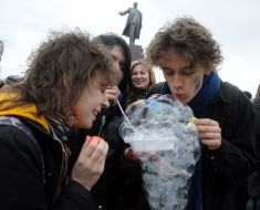 Young people inflate soap-bubbles
