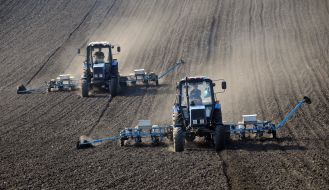 Tractors sowing sunflower