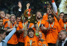 Players of FC Shakhtar hold the Cup 2010/2011