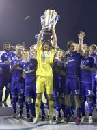 Players of FC "Dinamo" (Kiev) hold the won Cup