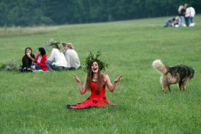 A girl wearing a crown of the field flowers