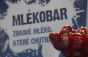 Bowl of strawberries near "Milk-bar"