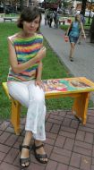 Alina Kopytsya sits on her bench 