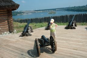 A boy views the guns