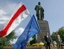 Flags near a monument to Taras Shevchenko