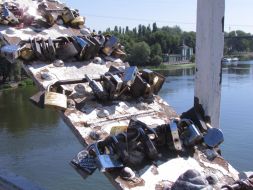 Locks (characters of love) on the bridge