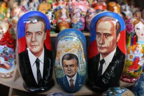 Russian Dolls with representing Vladimir Putin, Viktor Yanukovich and Dmitriy Medvedev