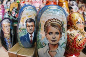Russian Dolls with representing Viktor Yanukovich, Viktor Yushchenko  and Yuliya Timoshenko