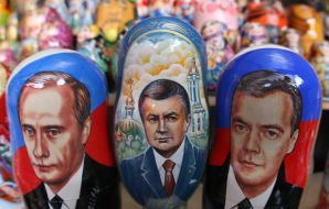 Russian Dolls with representing Vladimir Putin, Viktor Yanukovich and Dmitriy Medvedev
