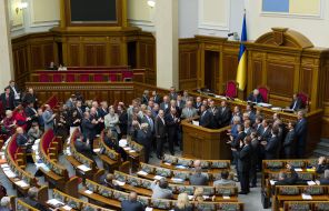 Deputies from "BYUT-Batkivshchina" near the tribune of parliament