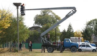 Установка гнезда аистов на платформу