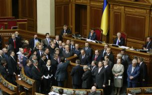 People’s deputies block a tribune of parliament