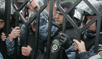 Soldiers of Special Forces "Berkut" guarded gate