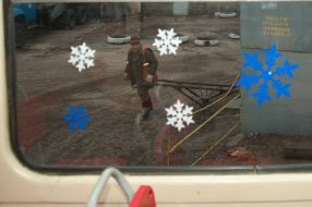 Snowflakes on the window of streetcar