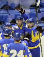 Ukrainian national team players celebrate victory for hockey