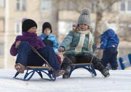 Дети катаются на санках