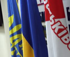 Flags of Batkivschina party and Narodny Rukh of Ukraine