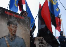 A placard depicts Shukhevich