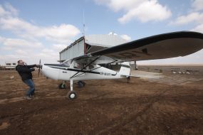 Sergey Shevchuk near the Cessna-140 aircraft