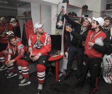 HC «Donbass-2» (Donetsk) players drink champagne