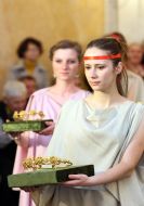 Models are antique gold wreaths