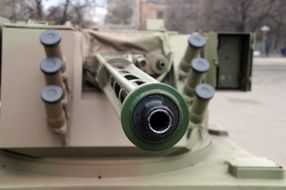 The gun on the tower of the armored fighting vehicle