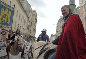 Participant of festive parade in the suit of king Danilo Galitskiy
