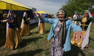 The elderly woman dances