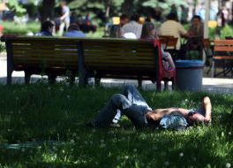 A drunken man lying on the grass