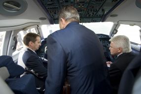 Vladimir Litvin and Sergey Naryshkin in the cockpit of AN-148
