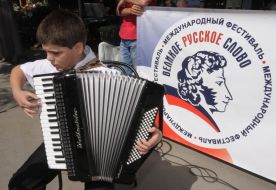 Boy plays on an accordion 