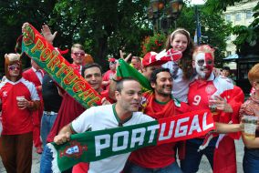 Fans of Portugal and Denmark national football teams