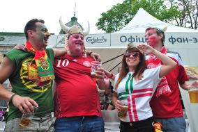 Fans of Portugal and Denmark national football teams