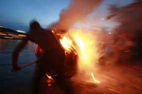 A conflagrant wheel downed from a mountain