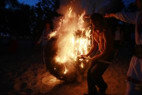 A conflagrant wheel downed from a mountain