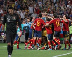 The players of the national team of Spain on football glad to victory
