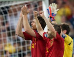 The players of the national team of Spain on football glad to victory