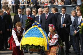 Participants of ceremony of laying-on of flowers