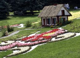 Квіткова композиція з мініатюрним будиночком