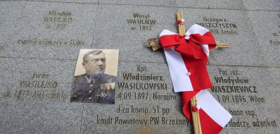 Picture and cross with a white-red ribbon