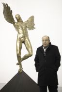 The  visitor looks at the sculpture 