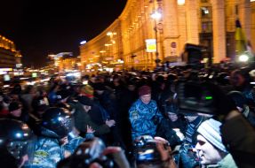 A fight between participants of the meeting and fighters of special "Berkut"