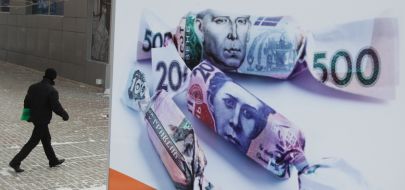 Passerby near banner