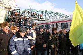 Participants of ceremony of sending of new diesel-train