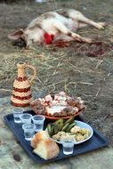 Slaughtered pig and moonshine