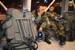 Ukrainian military personnel returning from Liberia