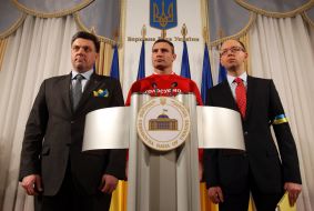 Vitaliy Klitschko, Arseniy Yatseniuk and Oleg Tyagnibok