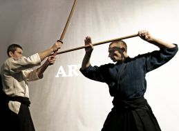 Sportsmen demonstrate the technique of the Japanese martial art 